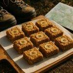 Golden-baked peanut butter banana oat bars cooling on a wooden board.