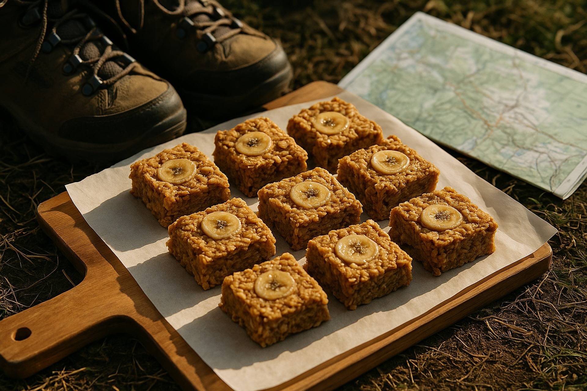Golden-baked peanut butter banana oat bars cooling on a wooden board.