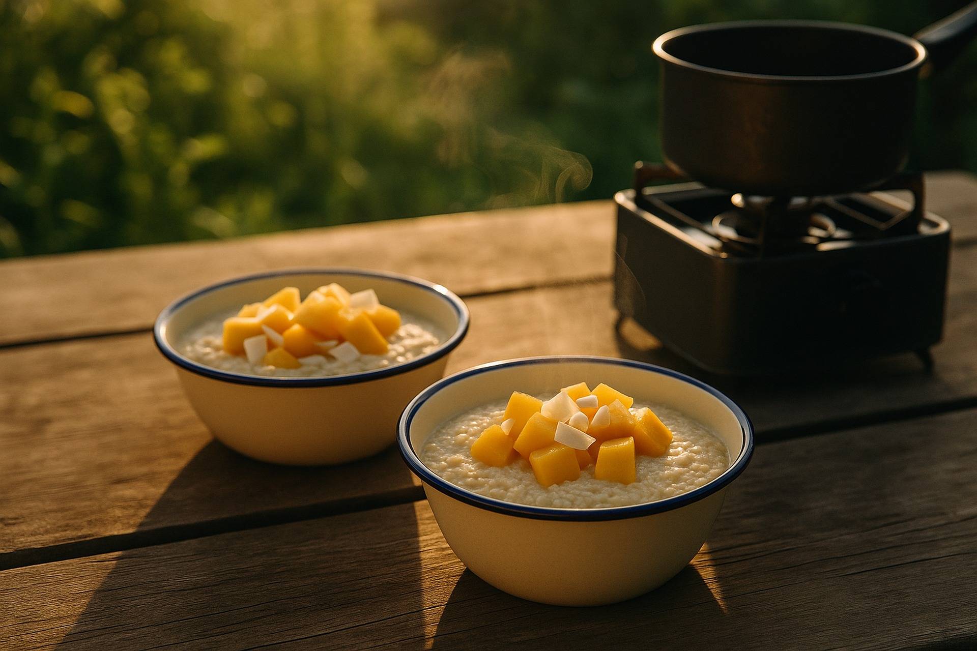 Millet porridge with coconut milk and mango chunks cooking on a propane stove in a camping pot.