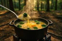 Creamy orzo mixed with broccoli and melted cheddar cheese cooked on a propane stove.