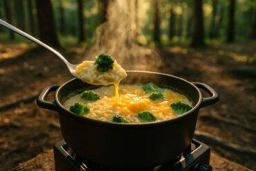 Creamy orzo mixed with broccoli and melted cheddar cheese cooked on a propane stove.
