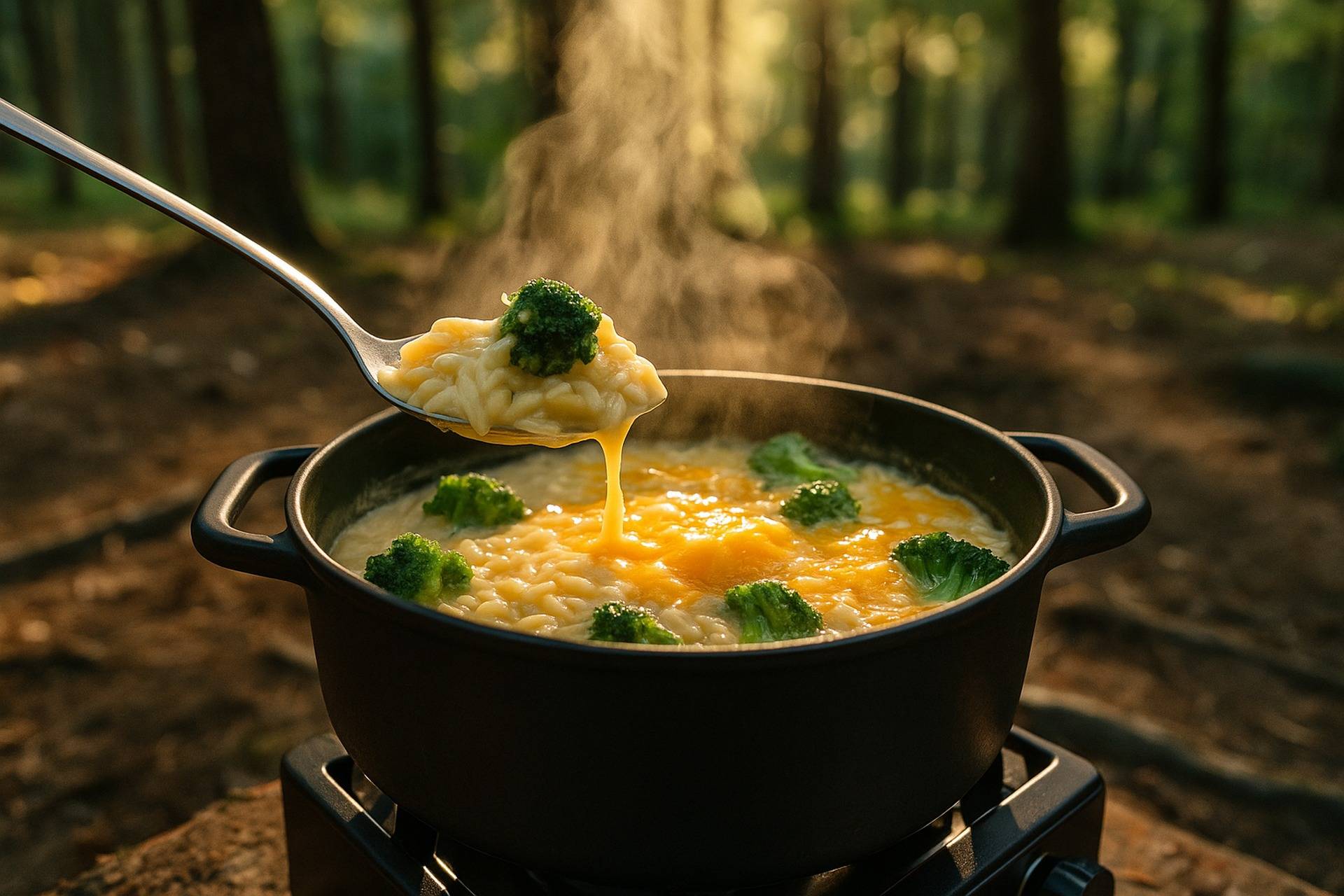 Creamy orzo mixed with broccoli and melted cheddar cheese cooked on a propane stove.