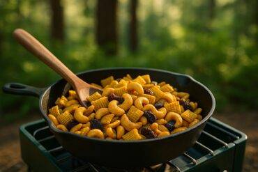Cashew snack mix with curry spices cooking in a black skillet over a propane stove.