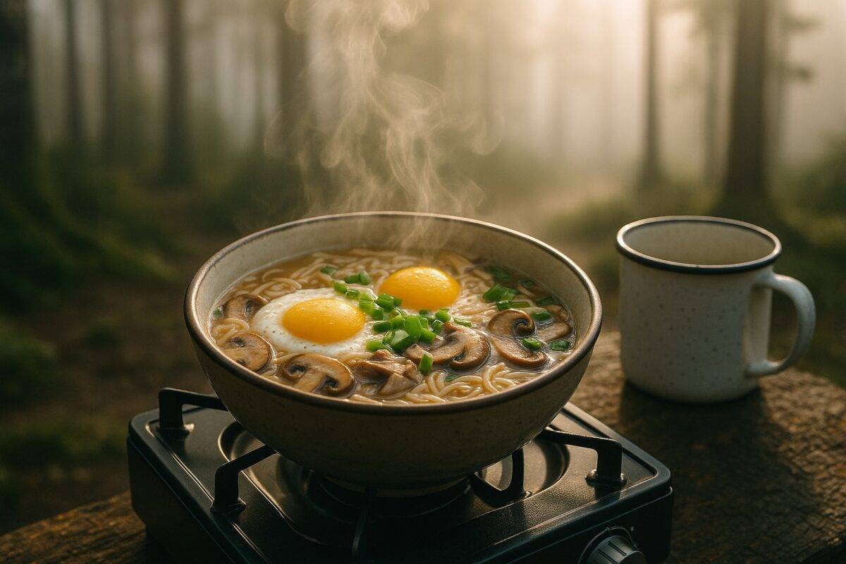 Steaming bowl of miso mushroom ramen with egg, served on a camping propane stove.