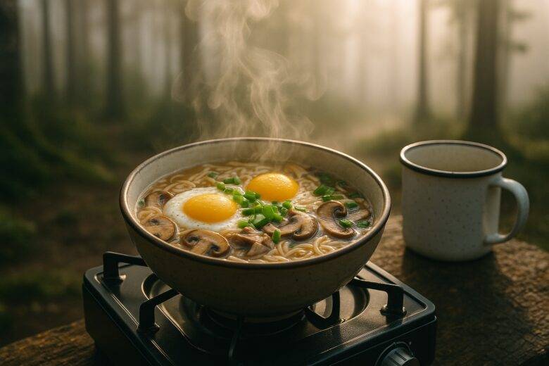 Steaming bowl of miso mushroom ramen with egg, served on a camping propane stove.