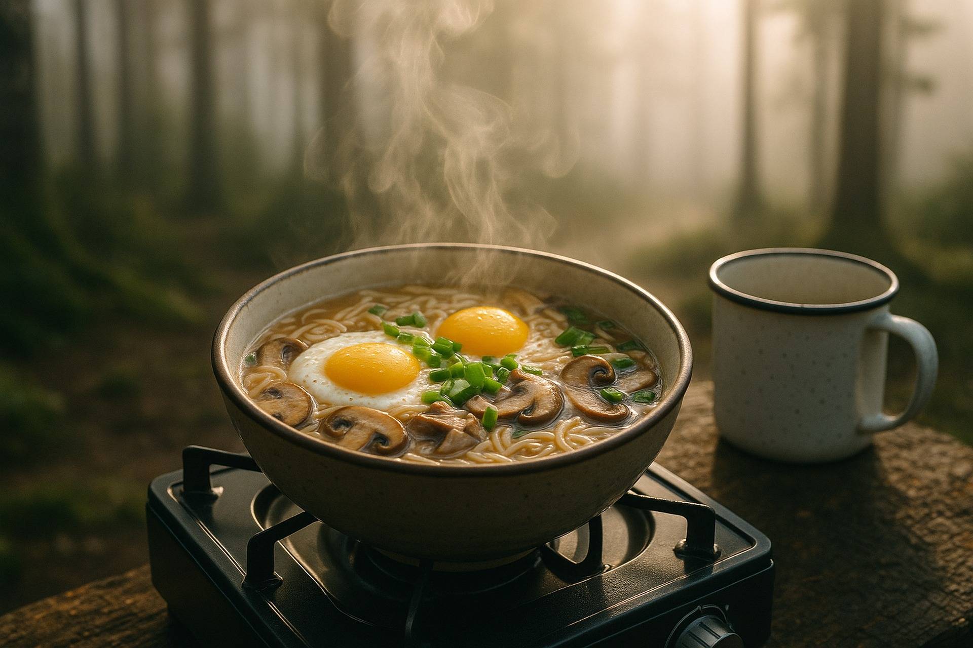 Steaming bowl of miso mushroom ramen with egg, served on a camping propane stove.
