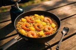 Shrimp, pineapple, and vegetables stir-fried with rice in a black camping skillet on a propane stove.