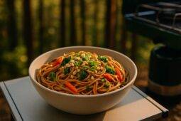 Spicy peanut soba noodles with colorful vegetables served in a bowl on a camping picnic table.