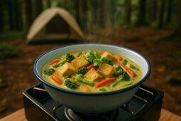 Green curry with tofu and vegetables simmering in a pot on a propane stove outdoors.