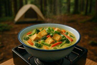 Green curry with tofu and vegetables simmering in a pot on a propane stove outdoors.