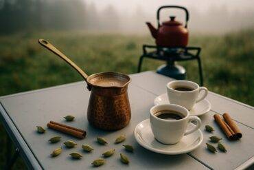 Turkish coffee brewing in a small pot over a propane stove at a campsite.