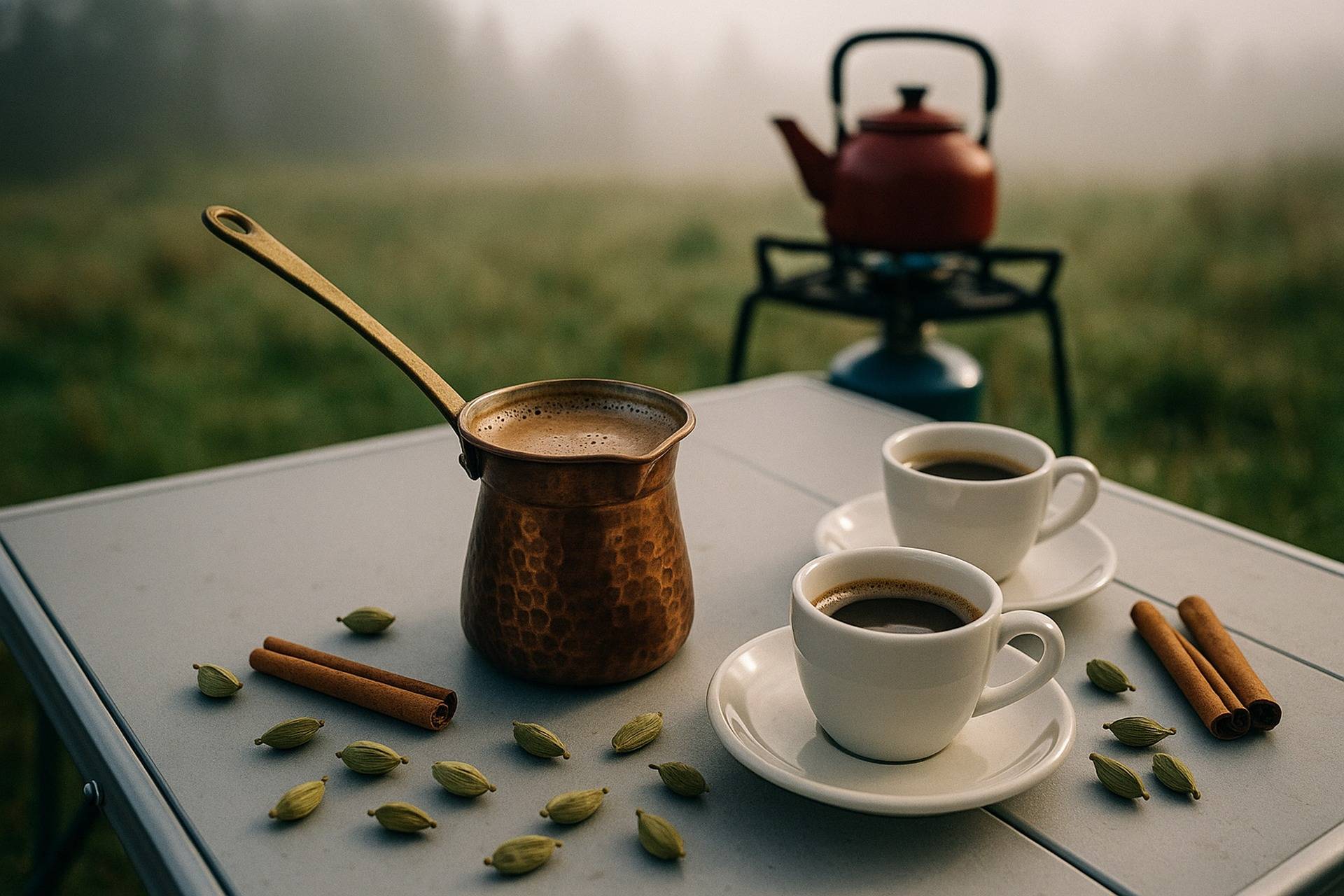 Turkish coffee brewing in a small pot over a propane stove at a campsite.
