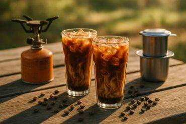 A glass of iced Vietnamese coffee with condensed milk cooling beside a small propane camping stove.