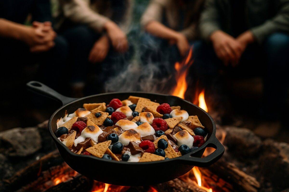 A skillet filled with melted chocolate, toasted marshmallows, and graham cracker pieces for quick campfire s’mores nachos.