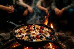 A skillet filled with melted chocolate, toasted marshmallows, and graham cracker pieces for quick campfire s’mores nachos.