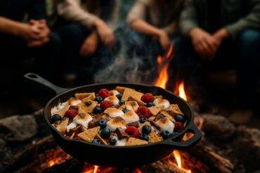 A skillet filled with melted chocolate, toasted marshmallows, and graham cracker pieces for quick campfire s’mores nachos.
