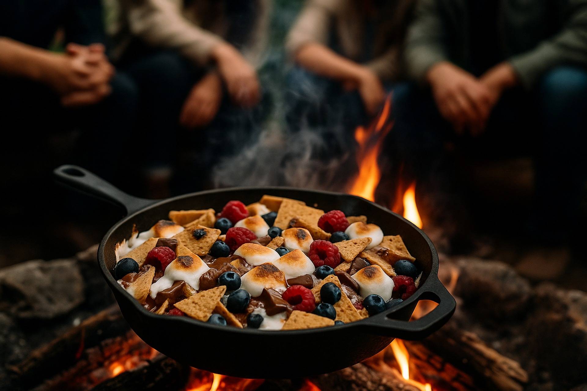 A skillet filled with melted chocolate, toasted marshmallows, and graham cracker pieces for quick campfire s’mores nachos.