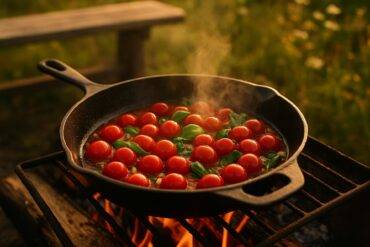 Tomato and basil simmering in a skillet over a campfire with melted cheese on top.