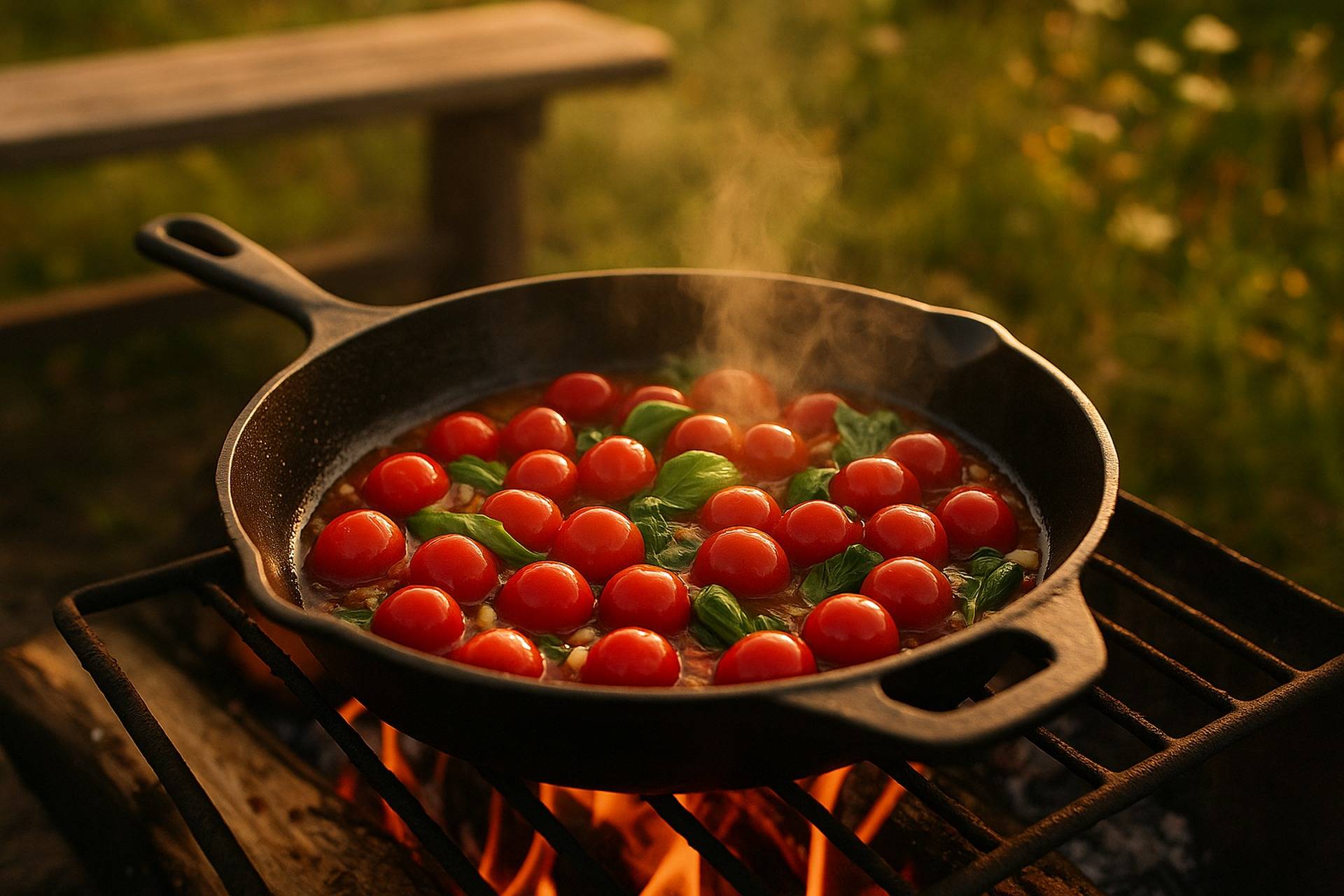 Tomato and basil simmering in a skillet over a campfire with melted cheese on top.