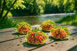 Fresh colorful Thai peanut slaw served in crisp lettuce cups ready to eat outdoors.
