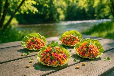 Fresh colorful Thai peanut slaw served in crisp lettuce cups ready to eat outdoors.