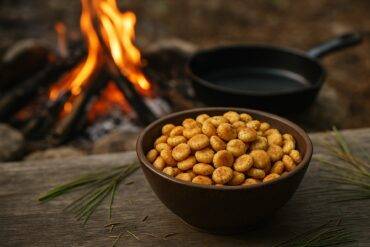 A bowl of oyster crackers mixed with ranch seasoning, dill, and herbs ready for snacking.