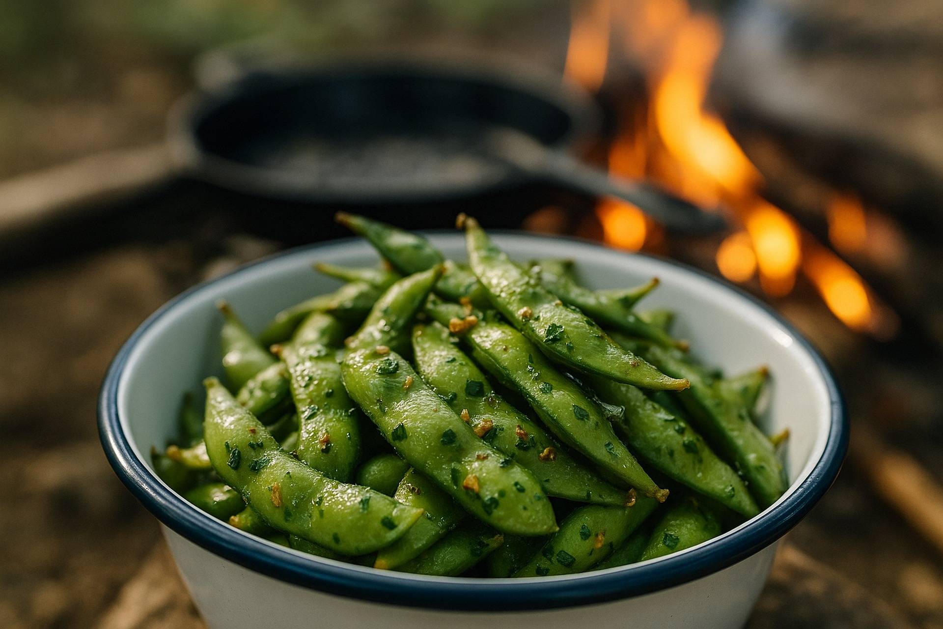 Edamame pods tossed with garlic and herbs roasting on a campfire grill.