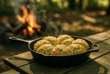 Golden-brown sage and Parmesan scones served on a wooden board by a campfire.