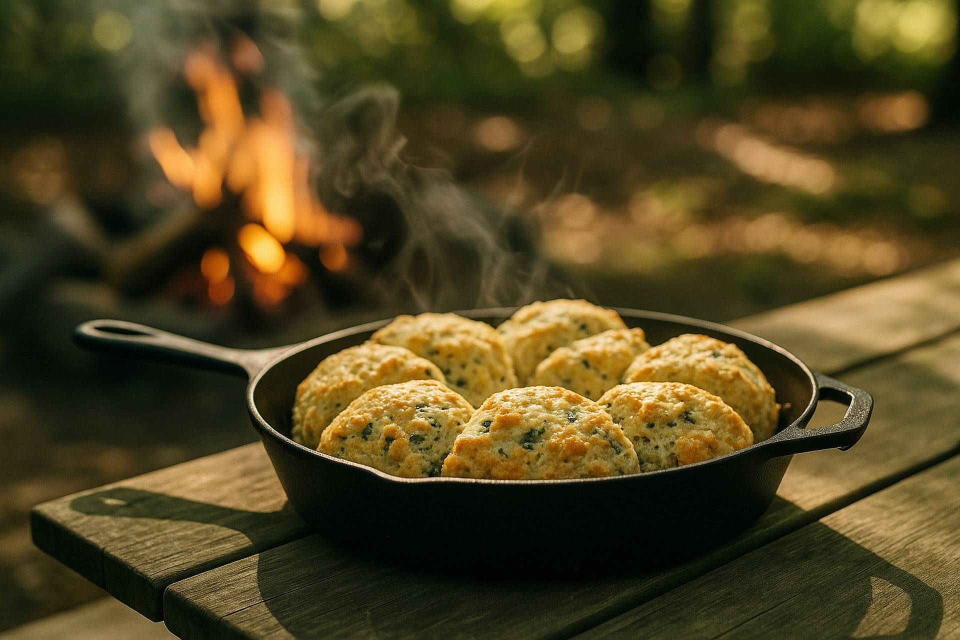 Golden-brown sage and Parmesan scones served on a wooden board by a campfire.