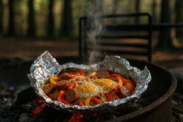 Cooked sausage, peppers, onions, and eggs mixed together in a foil packet for easy campfire cooking.
