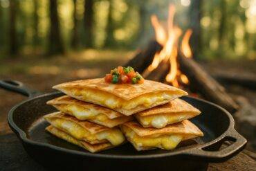 Golden-brown quesadillas filled with eggs, cheese, and sausage cooking over a campfire grill.