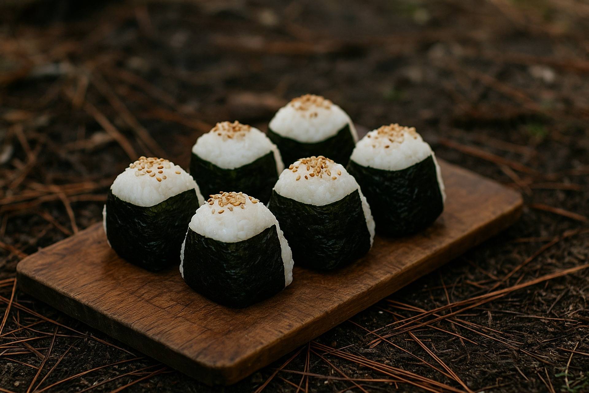 Golden-brown miso seaweed rice bars resting on a wooden board, ready to eat outdoors.