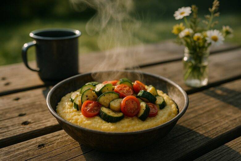Savory Parmesan Polenta With Summer Veggies camp recipe image