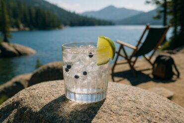 Clear glass with a gin and tonic cocktail garnished with lime wedges and juniper berries on a rustic wooden surface.