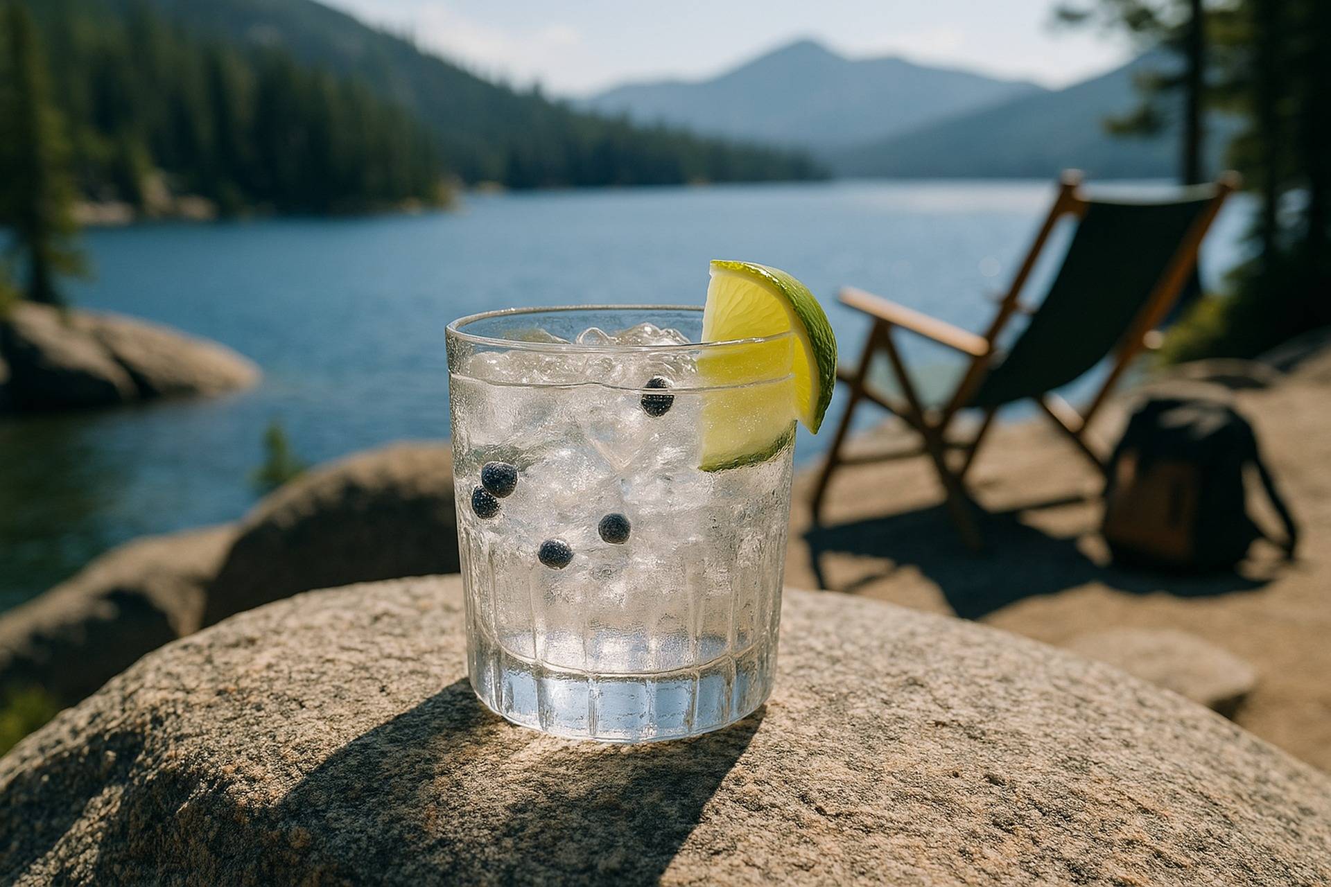 Clear glass with a gin and tonic cocktail garnished with lime wedges and juniper berries on a rustic wooden surface.