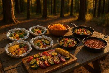 Grilled sausages and vegetables cooking over a campfire grill grate.