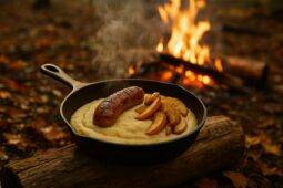 Golden polenta topped with maple-glazed sausage slices and sautéed apple chunks in a cast iron skillet.