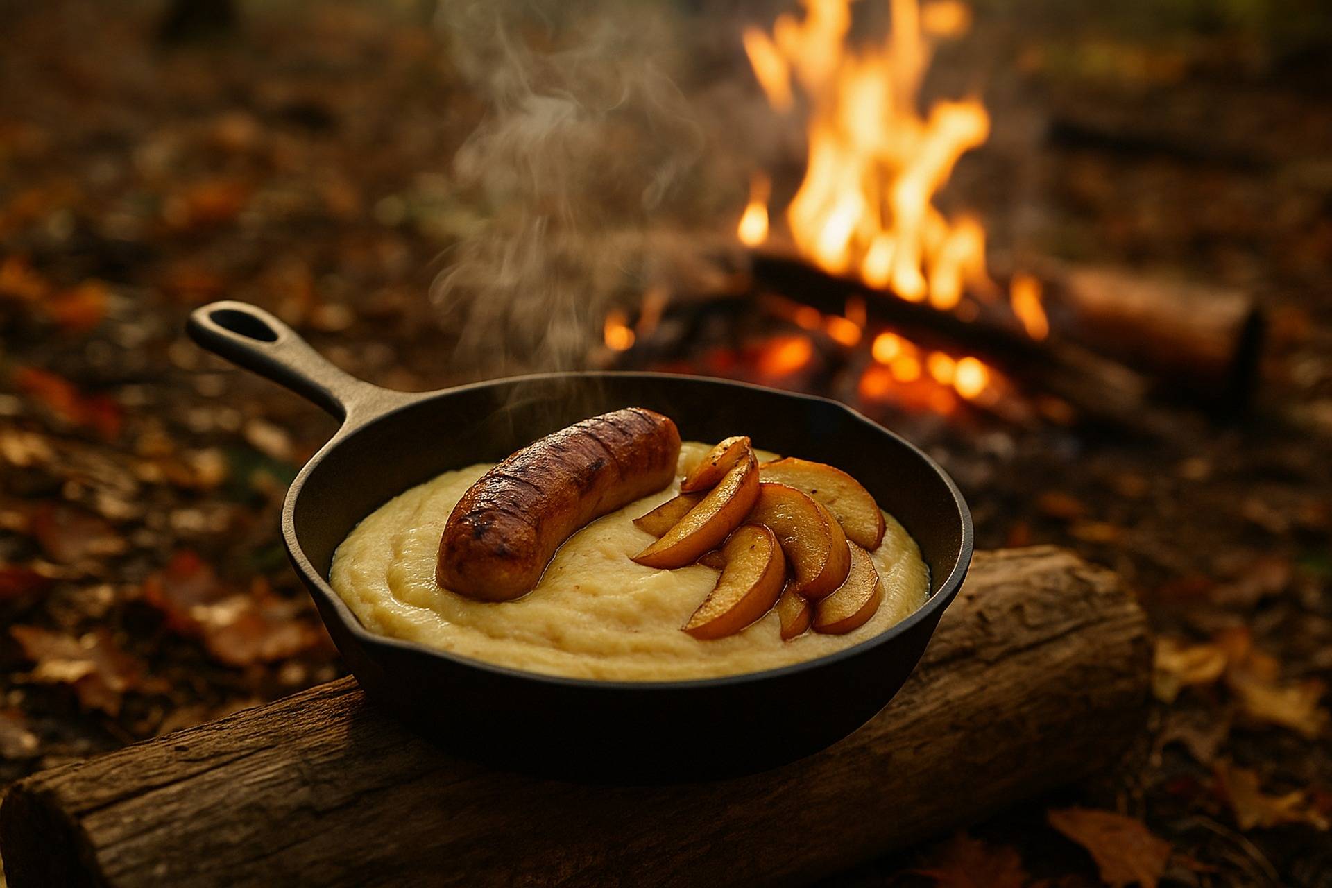 Golden polenta topped with maple-glazed sausage slices and sautéed apple chunks in a cast iron skillet.