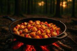 Golden-brown Cajun-seasoned potatoes cooking in a black skillet over a camp stove flame.