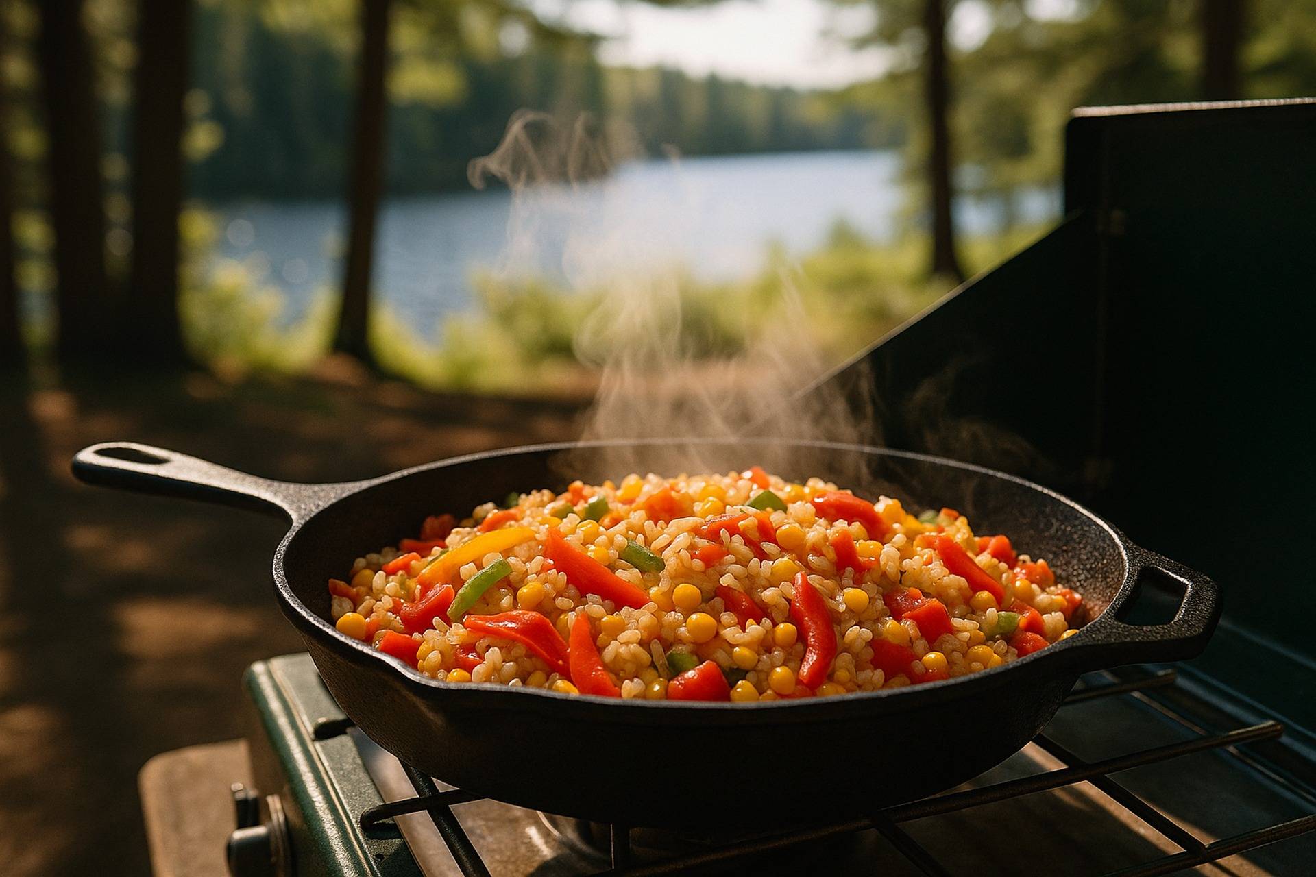 Skillet with seasoned rice, bell peppers, corn, and green beans cooked in a cast iron pan.
