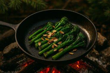 Broccolini charred in a skillet topped with toasted almonds ready to serve.