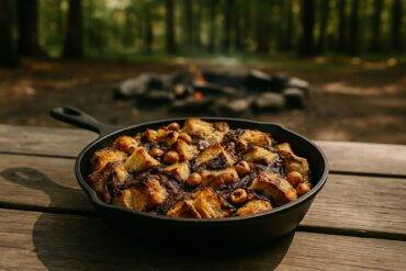 Warm bread pudding with melted chocolate and hazelnuts served in a black cast-iron skillet.