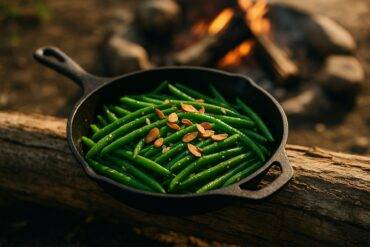 Green beans sautéed with garlic and toasted almonds in a cast-iron skillet over a campfire.