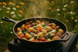 Gnocchi, browned Italian sausage, and wilted spinach cooking together in a cast-iron skillet.