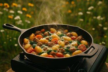 Gnocchi, browned Italian sausage, and wilted spinach cooking together in a cast-iron skillet.