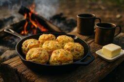 Golden biscuits filled with ham, melted cheese, and green chiles cooking in a skillet over an open flame.