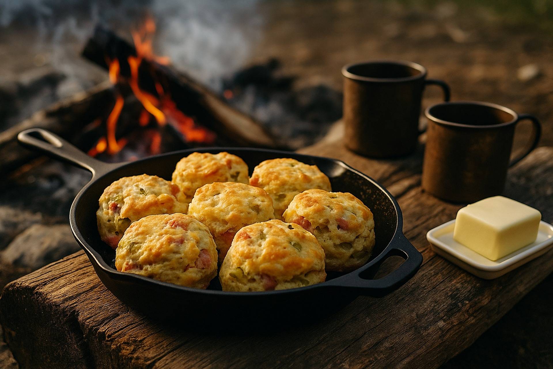 Golden biscuits filled with ham, melted cheese, and green chiles cooking in a skillet over an open flame.
