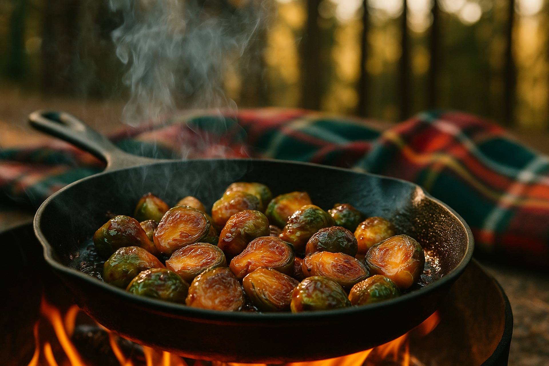 Golden-browned Brussels sprouts coated in a glossy honey-Sriracha sauce cooking in a black skillet.