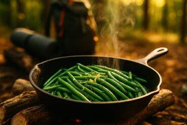 Sautéed green beans with lemon slices and thyme sprigs cooked in a skillet.