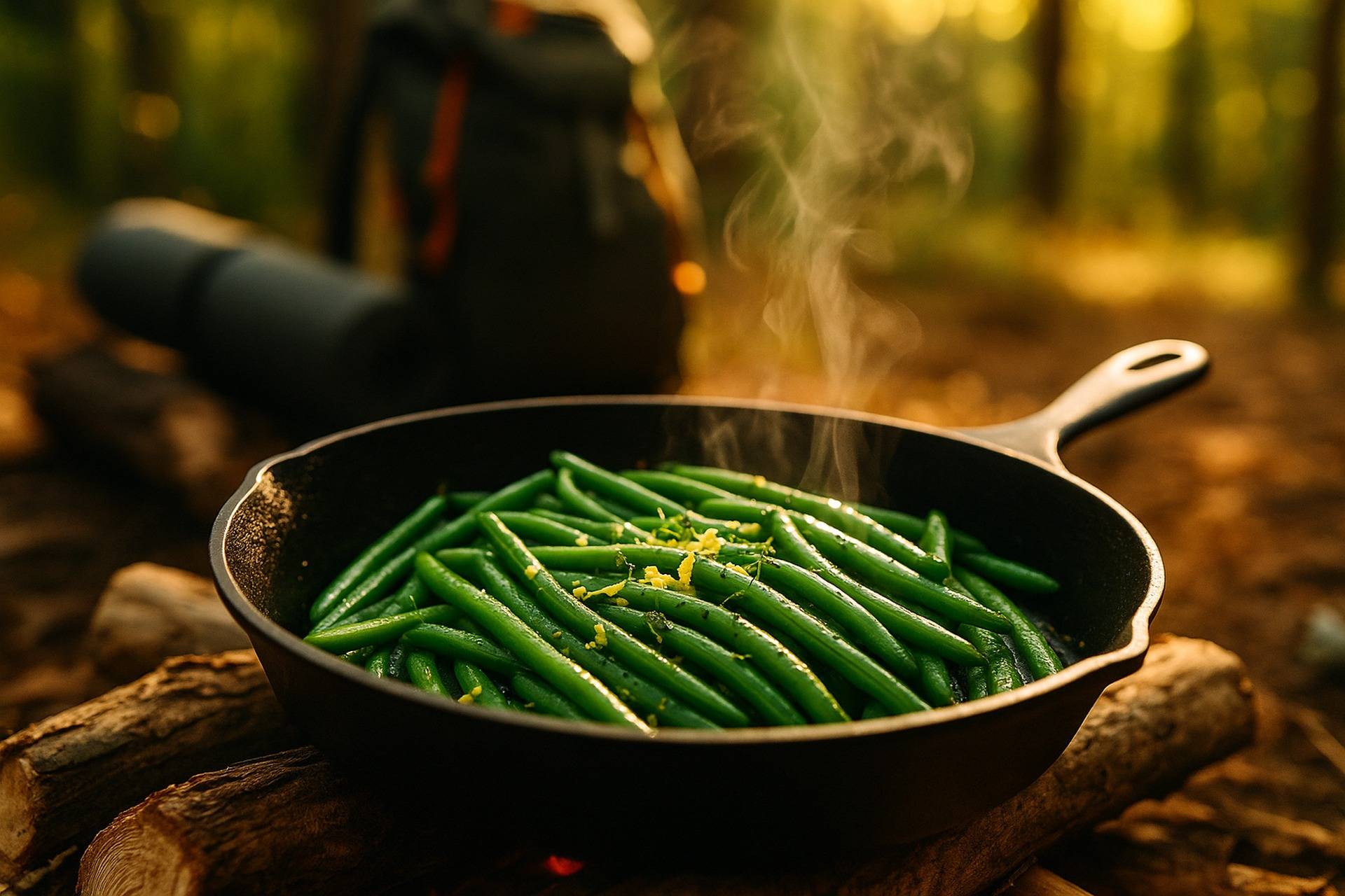 Sautéed green beans with lemon slices and thyme sprigs cooked in a skillet.
